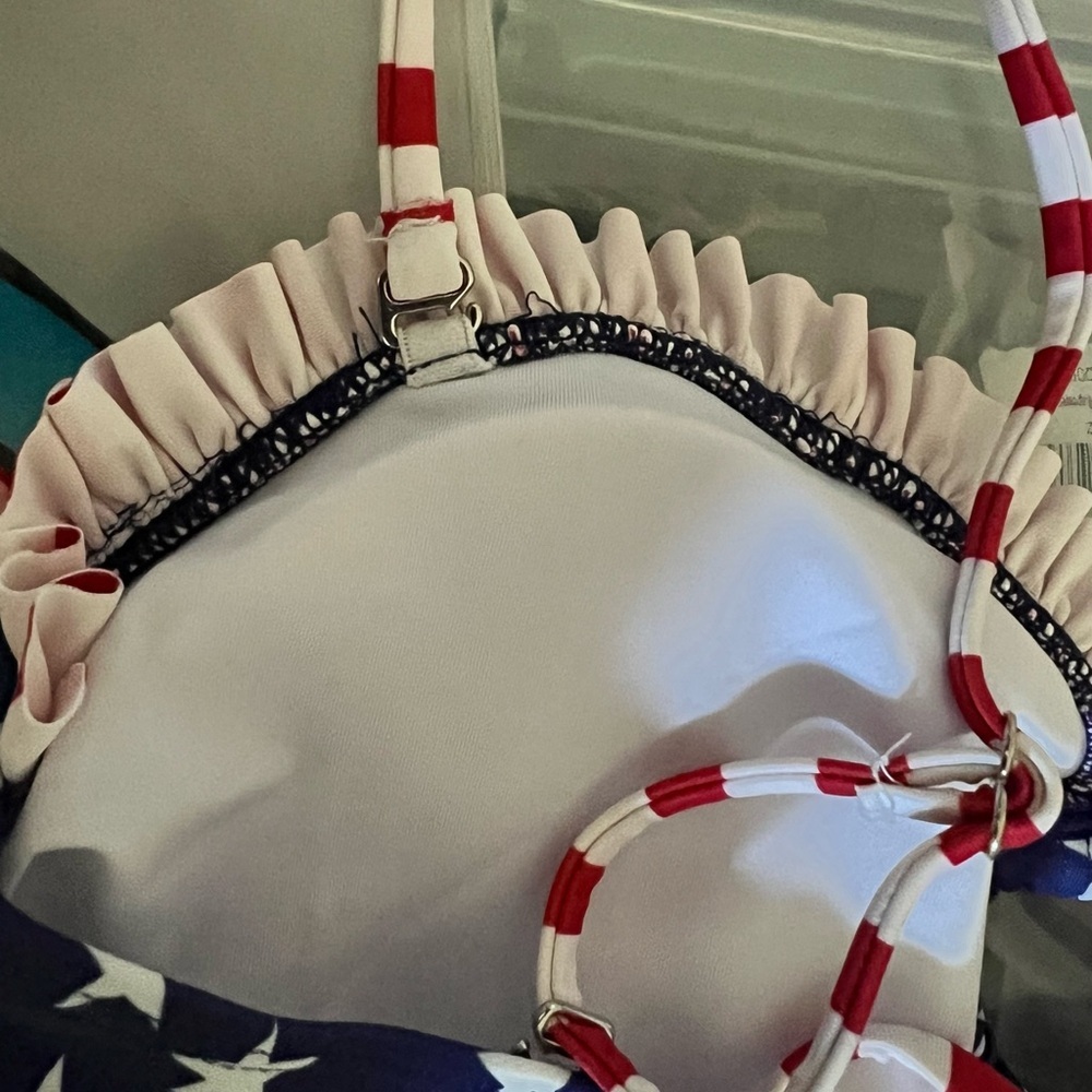 American Flag Stars Stripes Bandeau Ruffle Trim Swimsuit with Removable Straps - Picture 4 of 12